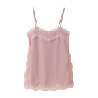 VacationGrabs Women Lace Trim Satin High Low Tops Silk Spaghetti Strap Side Split Asymmetrical Cami Top Flowy Silky Layering Tops