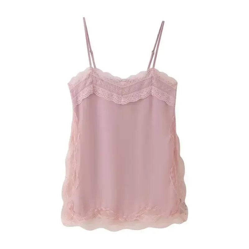 VacationGrabs Women Lace Trim Satin High Low Tops Silk Spaghetti Strap Side Split Asymmetrical Cami Top Flowy Silky Layering Tops