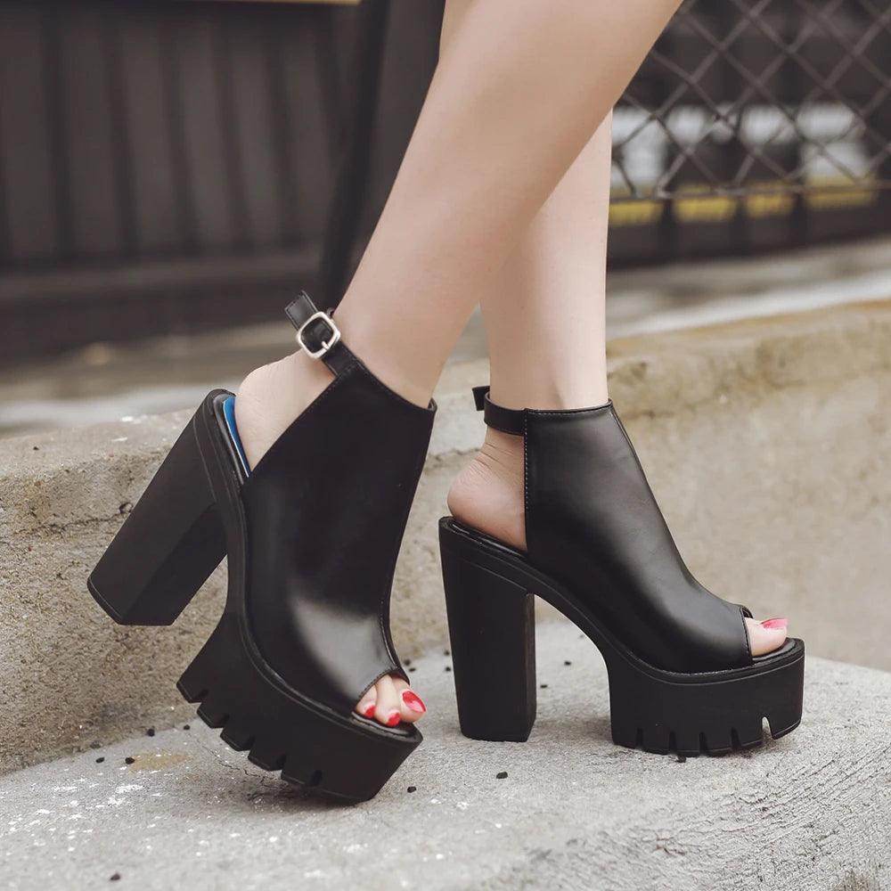 Platform Block High Heels Black Peep Toe Slingbacks - VacationGrabs