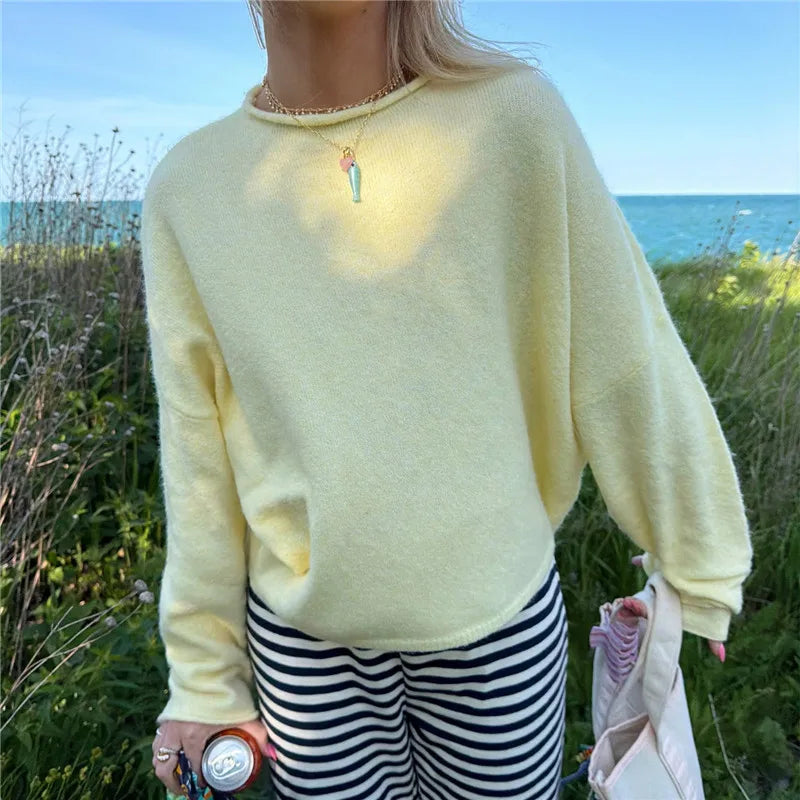 VacationGrabs Solid Knit Pullover Women Loose Drop Shoulder Long Sleeve Crew Neck Short Sweater Minimalist Winter Fall Casual Knitwear