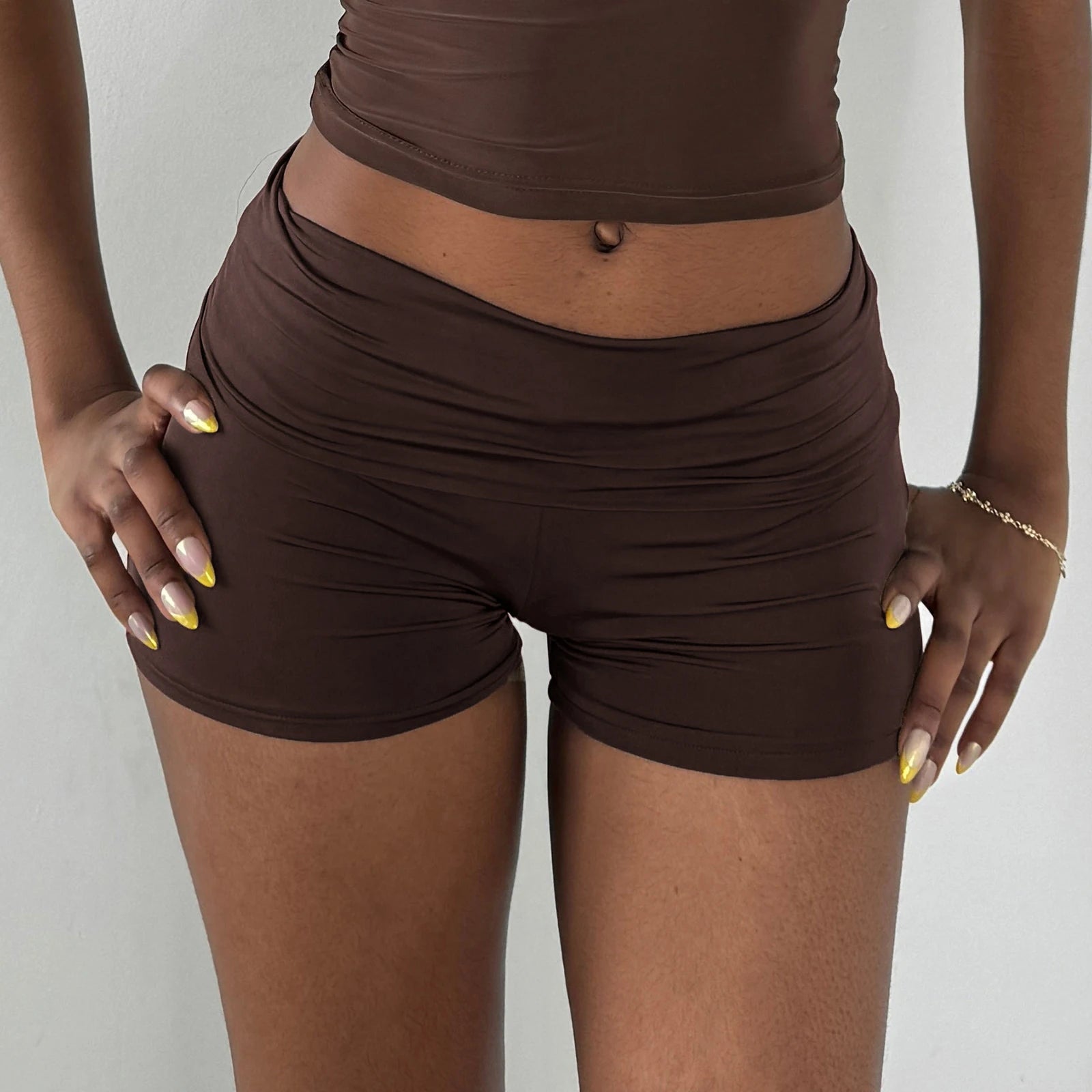 VacationGrabs Women's Summer Y2K Fold Over Shorts Solid Color Low Waist Ruched Bodycon Short Pants Workout Fittness Yoga Shorts