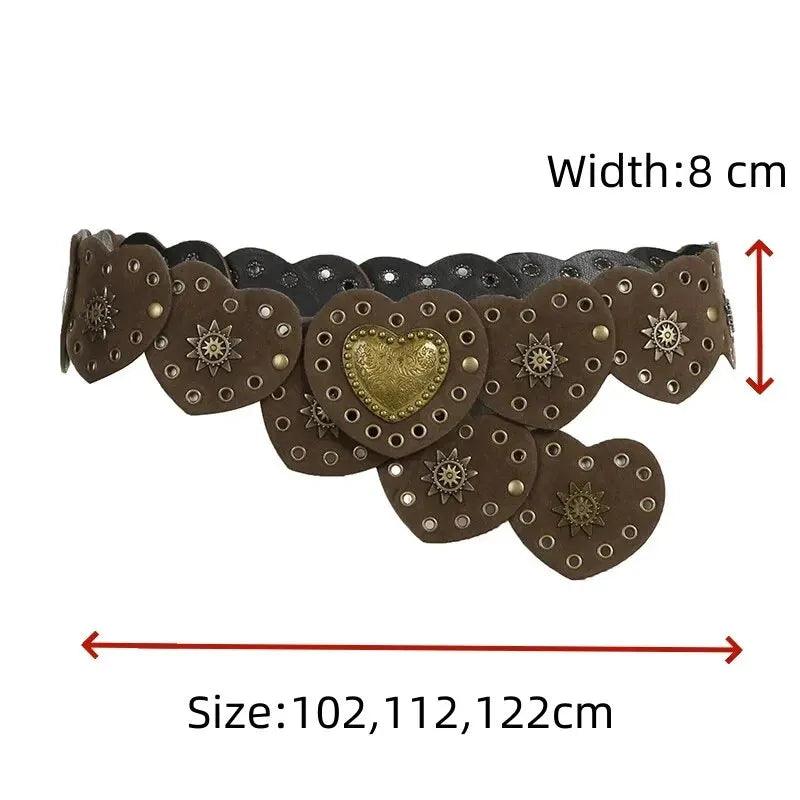 Women's Accessories - Belts Brown Pinned Belt Decorated with White Love Hearts Bohemian Style
