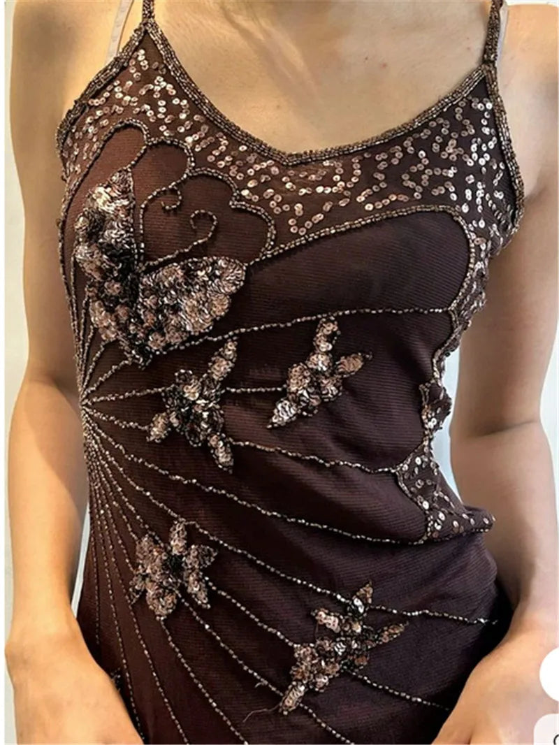 VacationGrabs Sexy Sequin Slim Fit Irregular Strap Tank Crop Tops Versatile Sexy Hot Girl Summer Mesh See Through Sleeveless Tee Shirt