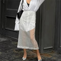 VacationGrabs Women Minimalist Sheer Mesh Layering Midi Skirt Transparent See-Through Trimmed Hem Versatile Overlay Skirt CasualOffice