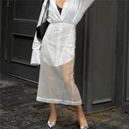 VacationGrabs Women Minimalist Sheer Mesh Layering Midi Skirt Transparent See-Through Trimmed Hem Versatile Overlay Skirt CasualOffice