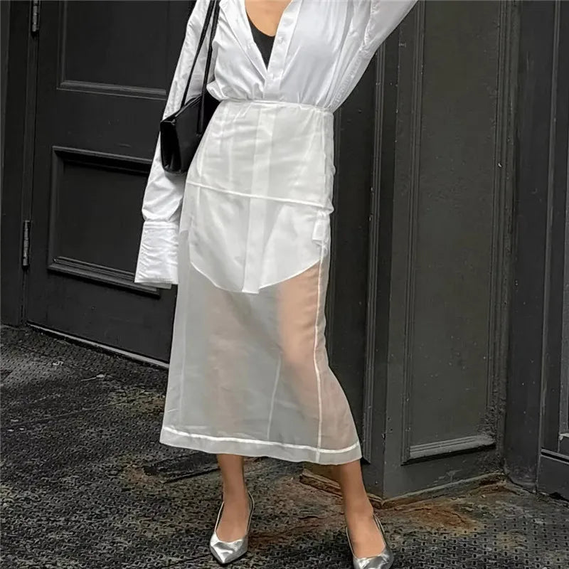VacationGrabs Women Minimalist Sheer Mesh Layering Midi Skirt Transparent See-Through Trimmed Hem Versatile Overlay Skirt CasualOffice
