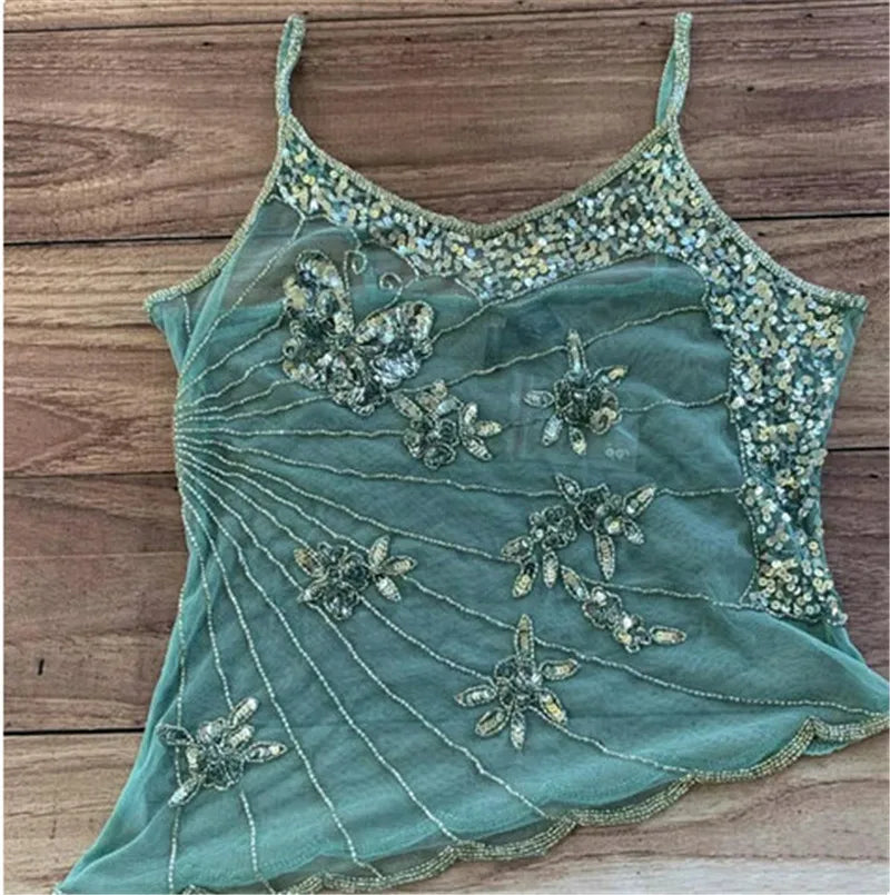 VacationGrabs Sexy Sequin Slim Fit Irregular Strap Tank Crop Tops Versatile Sexy Hot Girl Summer Mesh See Through Sleeveless Tee Shirt