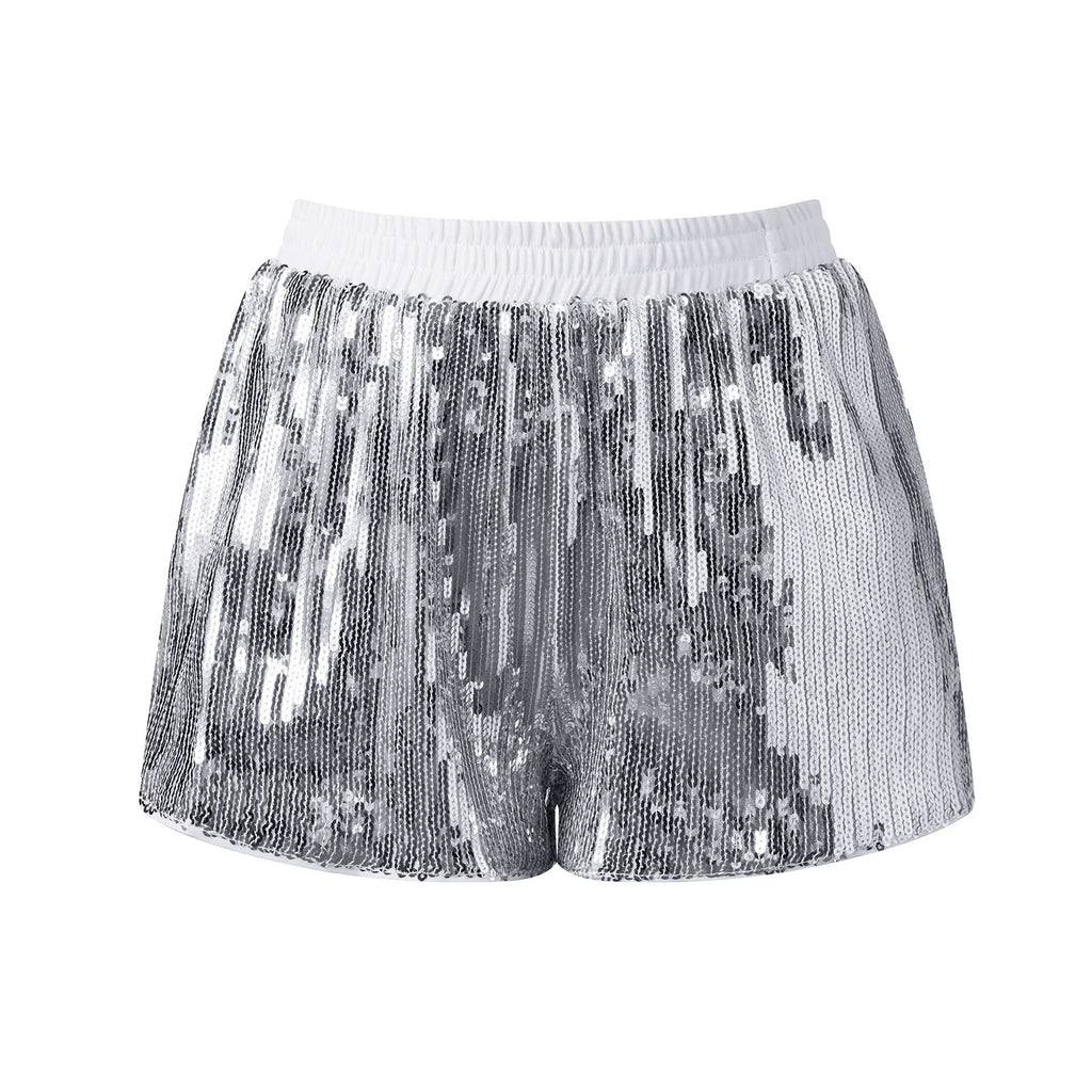 VacationGrabs Y2K Sparkle Sequined Shorts Elastic Waist Loose Fit Glitter Hot Pants Women Nightclub Rave Festival Party Casual Bottoms