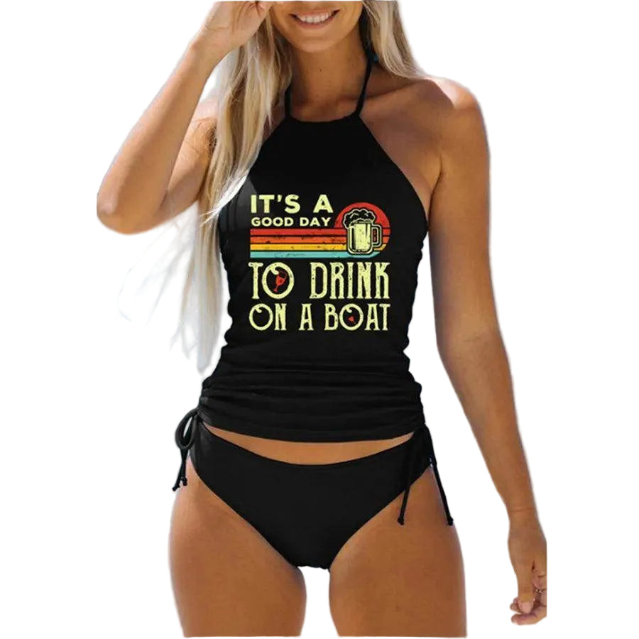 Women's Bathing Suit Drawstring Side Halter Neck Tankini - VacationGrabs