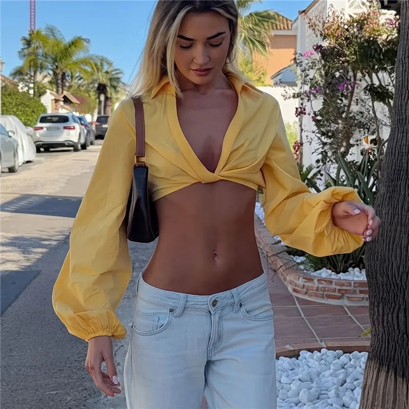 VacationGrabs Women Deep V Front Twisted Knot Cropped Blouse Lapel Collar Long Lantern Puff Sleeve Slim Crop Top Solid Casual Shirt