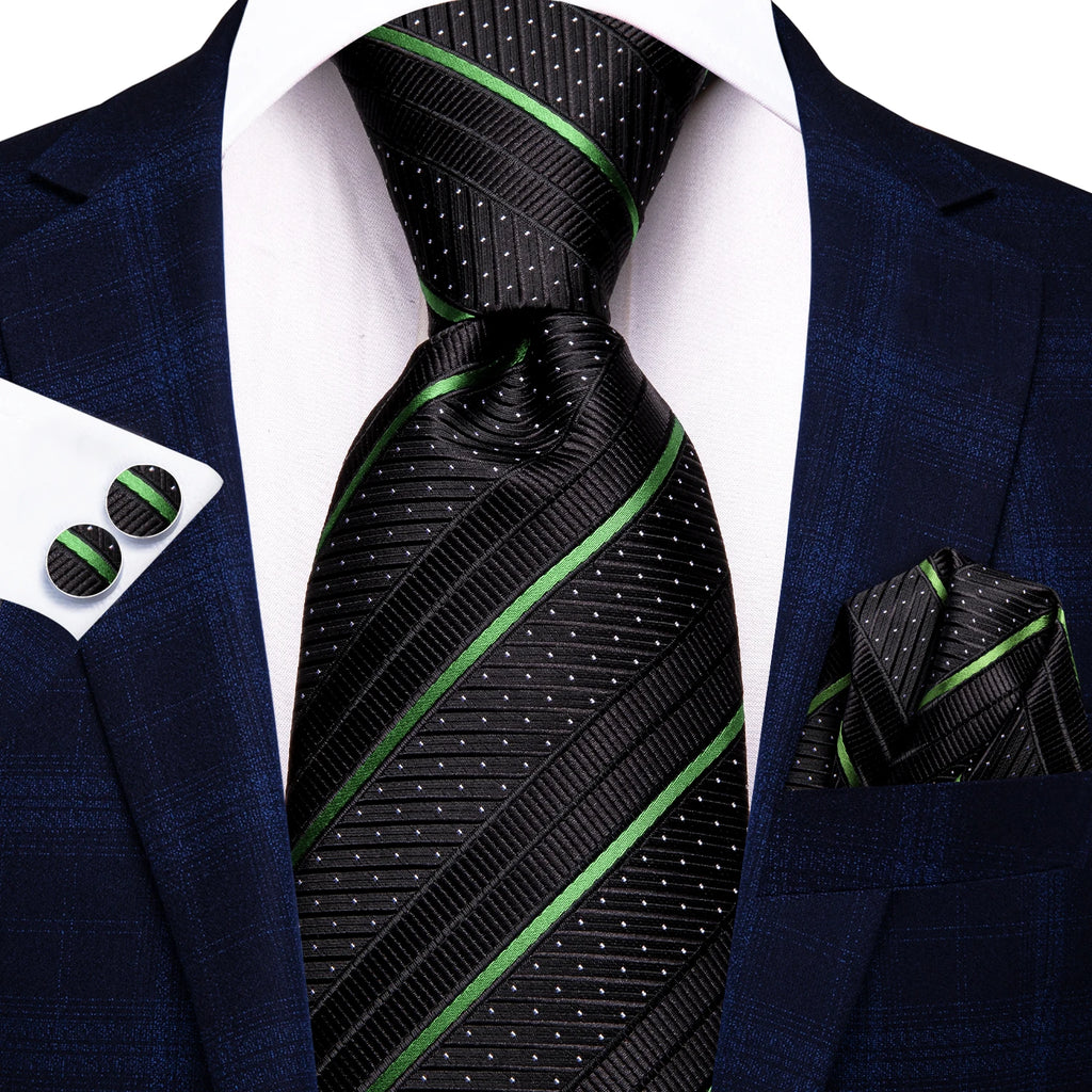 Black and green striped tie for men, perfect for formal occasions, learning how to tie mens tie