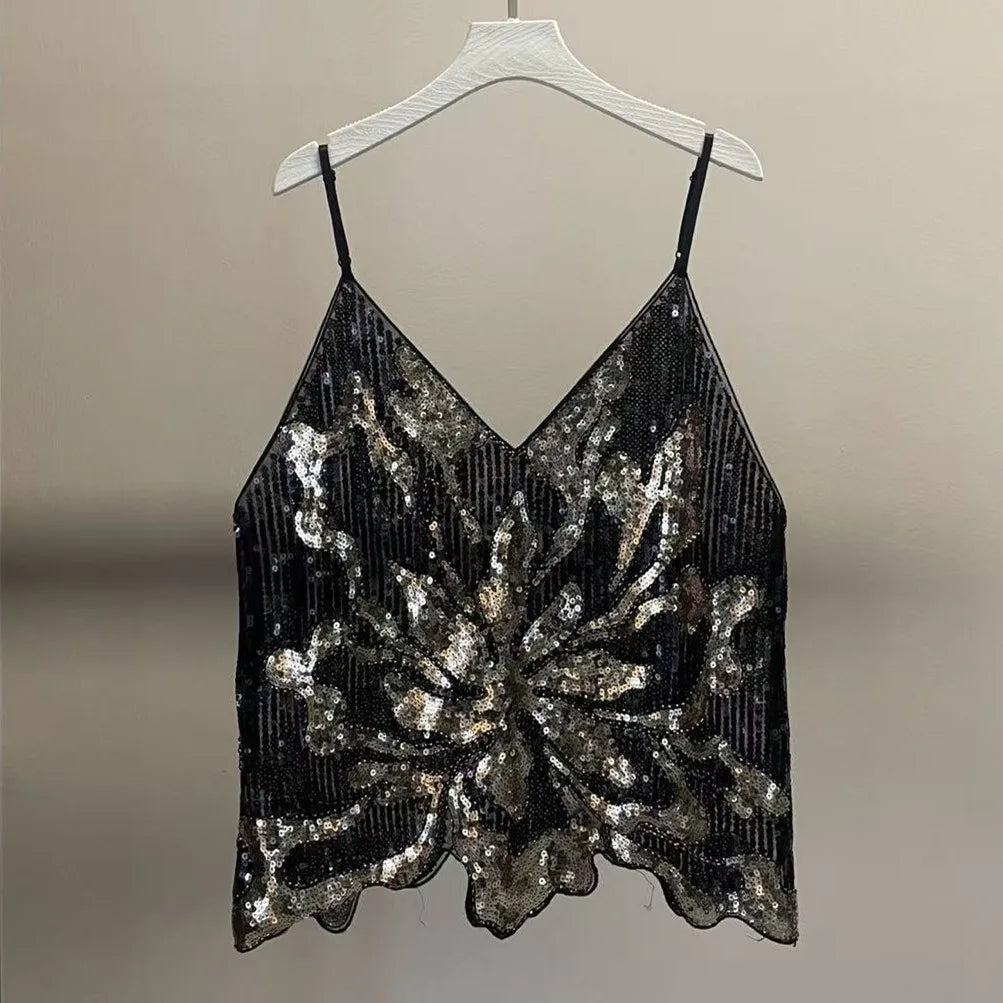 VacationGrabs Women Sexy Bead Mesh Cami Tops Women Silver Sequined Tanks Vest Summer Femme Bling Shiny Tanks Tops Party Clubwear