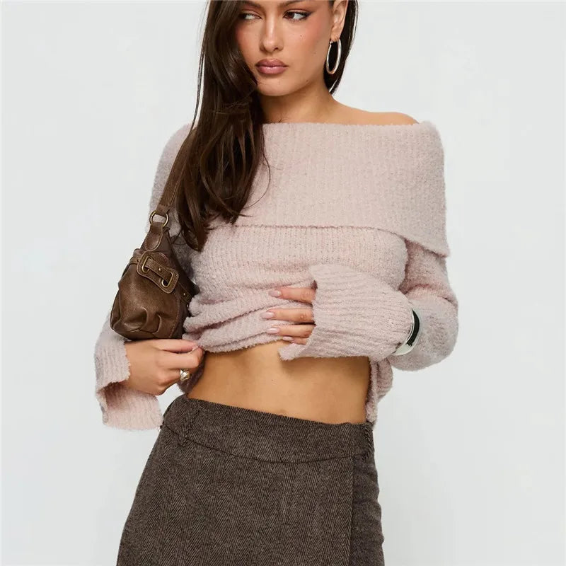 VacationGrabs Womens Off The Shoulder Sweater Y2K Oversized Long Sleeve Slouchy Knitted Loose Pullover Sweaters Tops Streetwear