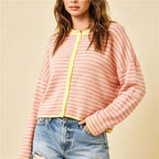 VacationGrabs Casual Color Block Striped Knit Sweater Open Front Cardigan Round Neck Loose Oversized Long Sleeve Cropped Knitwear