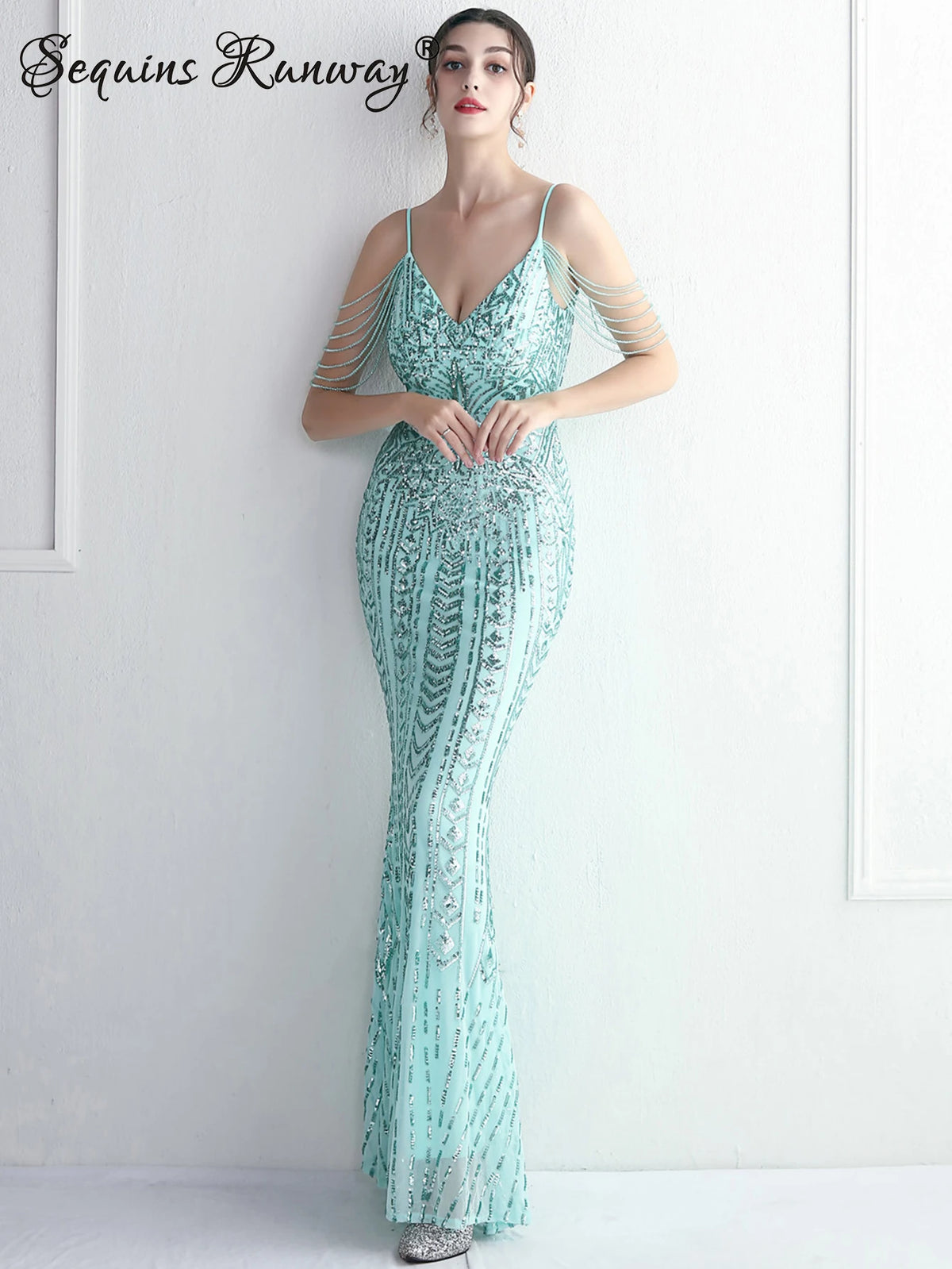 Sequin Maxi Slip Dress with V-Neck, Floor-Length Mermaid Cut