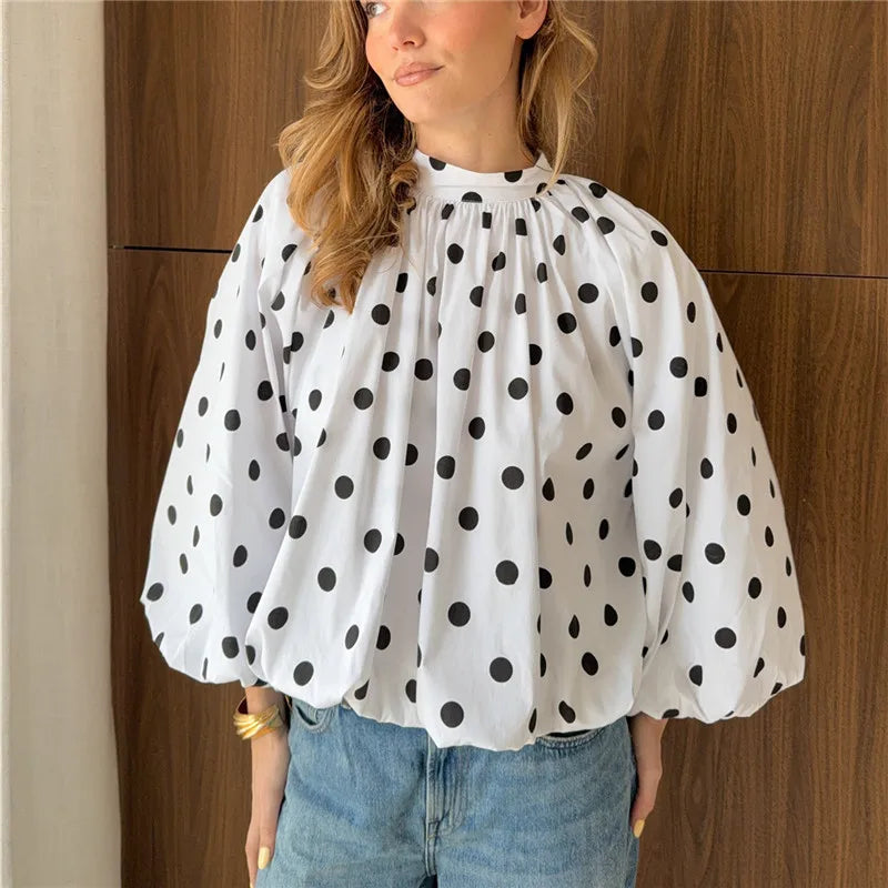 VacationGrabs Y2K Women Polka Dot Blouse Puff Long Sleeve Stand Collar Shirt Back Bow Tie Loose Cropped Top Fall Casual Backless Shirt