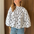 VacationGrabs Y2K Women Polka Dot Blouse Puff Long Sleeve Stand Collar Shirt Back Bow Tie Loose Cropped Top Fall Casual Backless Shirt