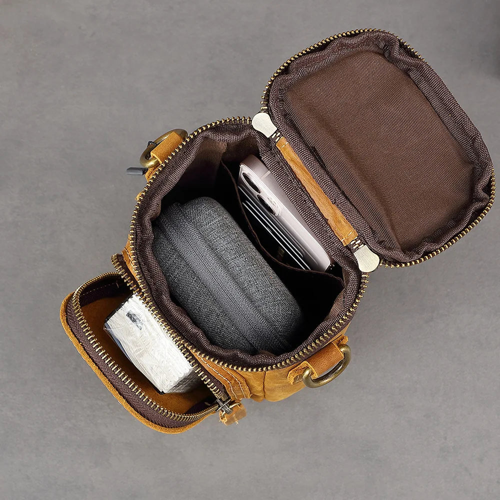 Vintage Top-Grain Leather Crossbody Bag - Men's Mini Waist Pack with Belt Loop, Convertible Phone Pouch & Casual Small Backpack