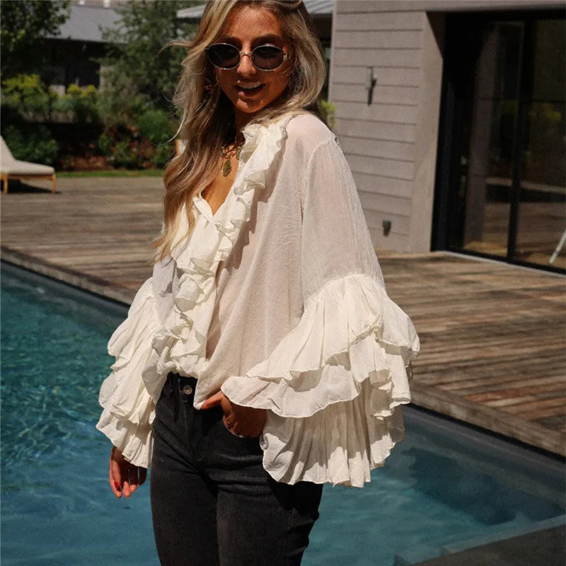 VacationGrabs Elegant Women Ruffle Sheer Blouse Casual Loose V Neck Long Sleeve Shirts for Spring Summer Vintage Streetwear