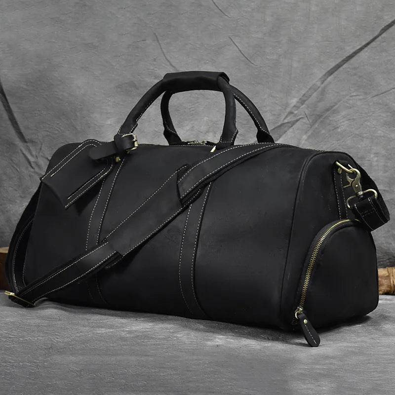 Genuine Cowhide Leather Travel Duffle Bag Men’s Weekend Bag Shoe Pocket - VacationGrabs