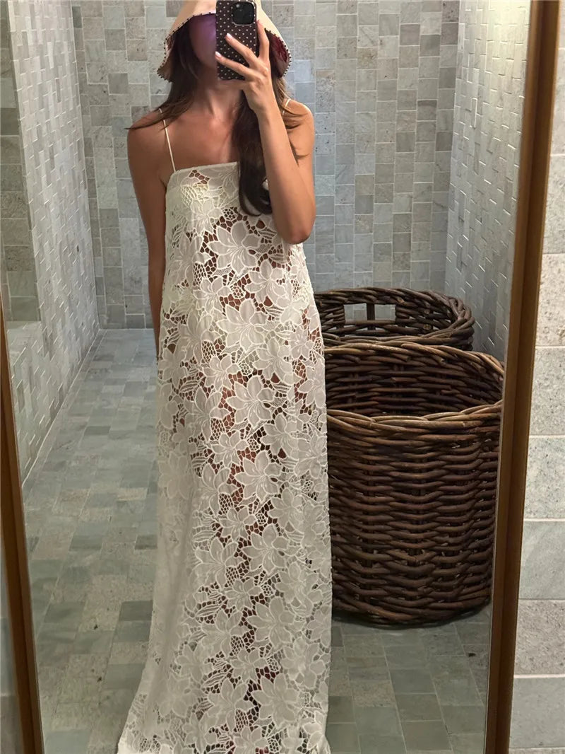 Women Hollow Out Floral Lace Maxi Dress Spaghetti Strap Sheer Long Sundress See Through Beach Cover Up for Summer Vacation