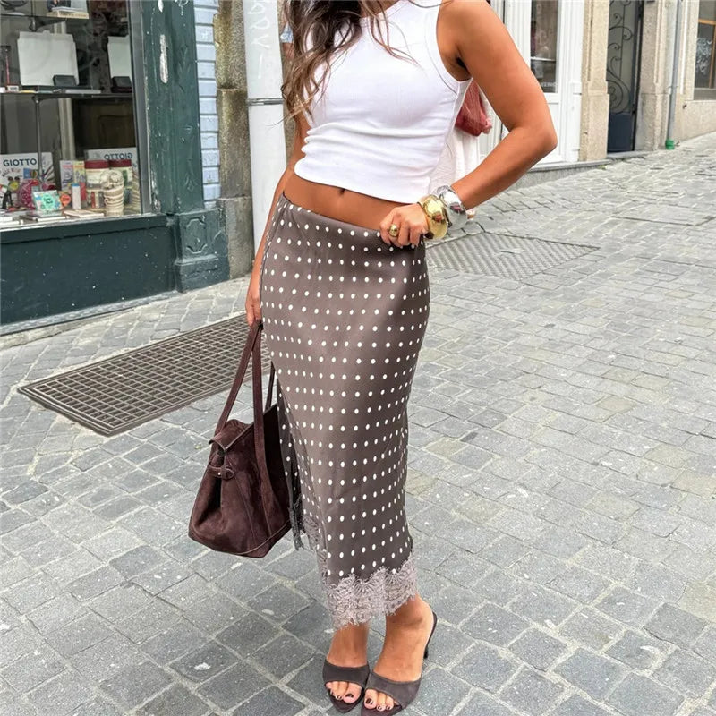 VacationGrabs Women Elegant Lace Satin Spliced Midi Skirts Sexy Dots Print High Waist Retro Casual Straight Midi Skirts Y2K Streetwear