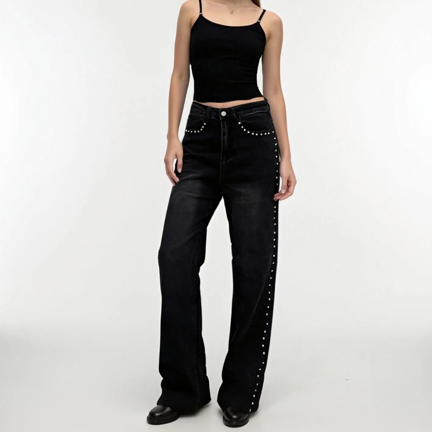 VacationGrabs Women Jeans Causal Wide Straight Leg Studded Rhinestone Decor Denim Pants with Pockets All Match Vintage Streetwear