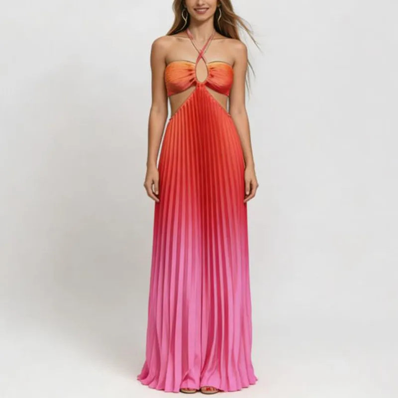 Women's Gradient Color Pleated Maxi Dress Summer Halter Neck Cut Out Sleeveless Backless Flowy Beach Vacation Party Dress