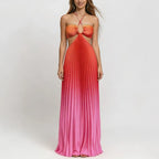 Women's Gradient Color Pleated Maxi Dress Summer Halter Neck Cut Out Sleeveless Backless Flowy Beach Vacation Party Dress