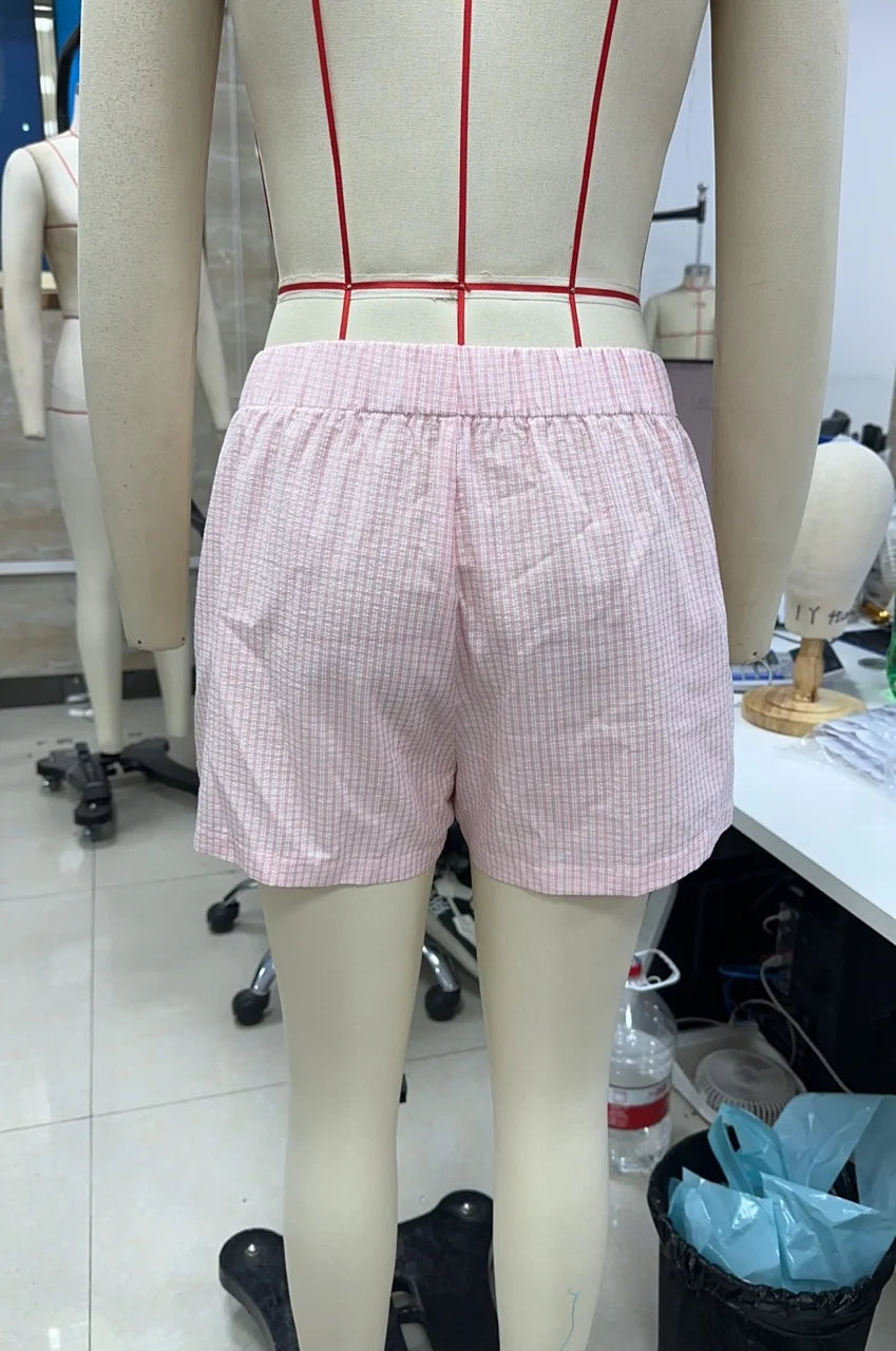 VacationGrabs Cute Women Plaid Sleep Shorts Elastic Waist Side Lace Trim Loose Casual Short Pants Summer Holiday Beach Lounge Wear