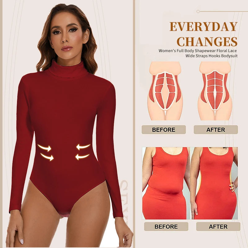 Women's High Collar Thermal Bodysuit, Long Sleeve Compression Top