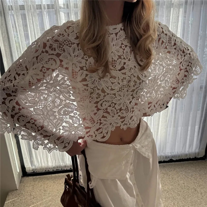Boho Romantic Hollow Lace Cape Short Top Floral Cutout Batwing Sleeve Cropped Cover Up For Summer Picnic Resort Daily Outfit