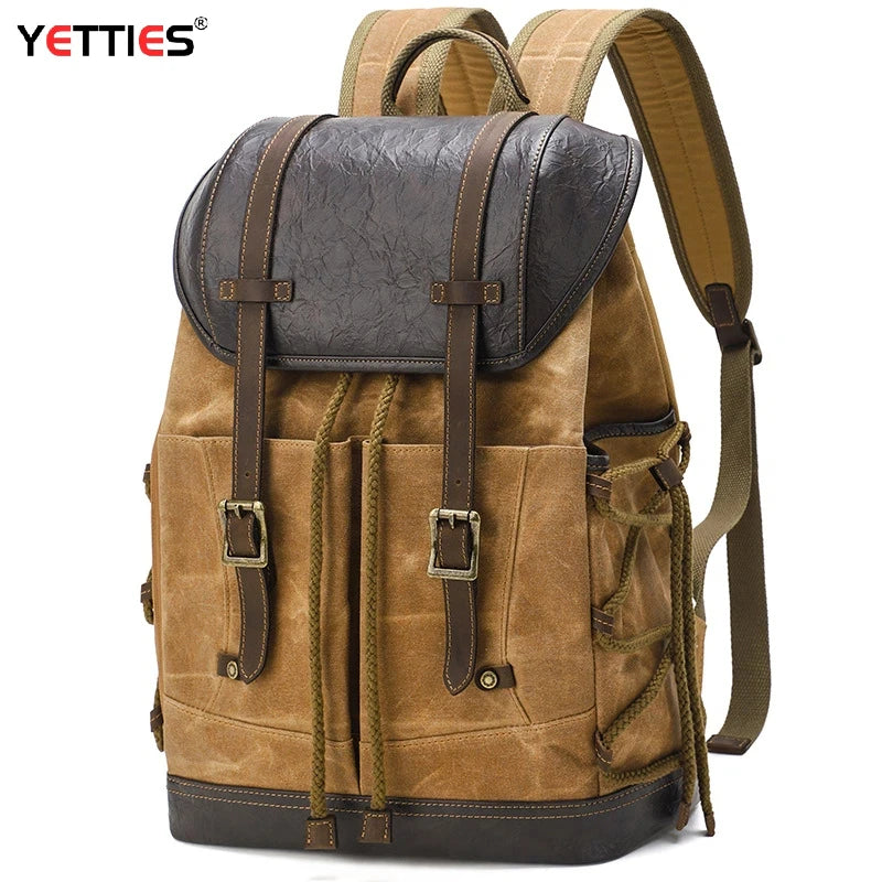 YETTIES Men's Waxed Canvas Backpack | Water-Resistant Laptop Travel Bag | Vintage Casual Rucksack for Student & Daily Commute