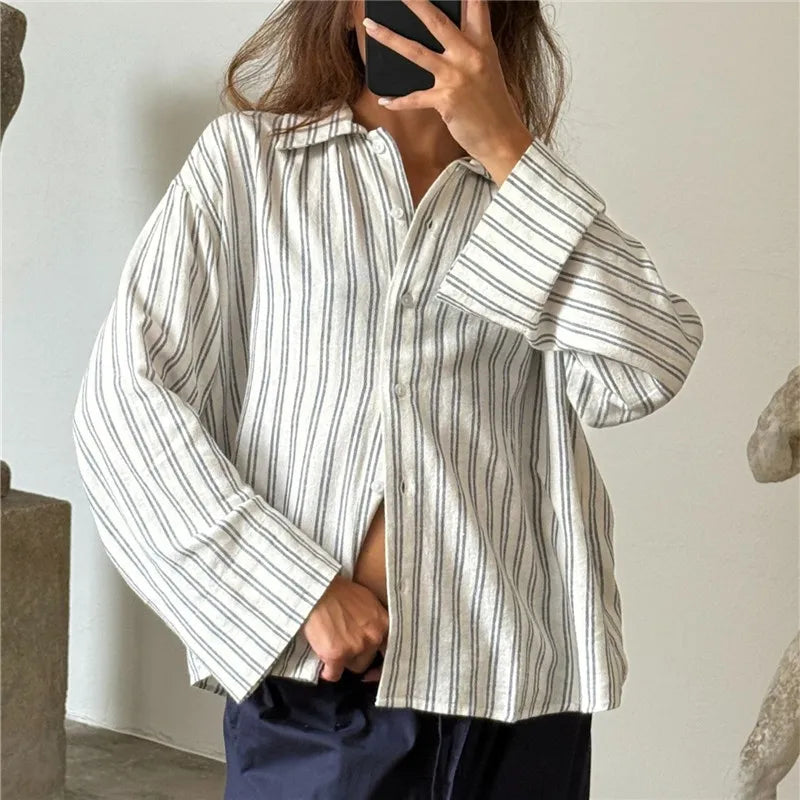 VacationGrabs Y2K Vintage Long Sleeve Blouse Stripes Collared Shirts Striped Button Down Shirt Women Oversized Trendy Fall Y2K Clothes