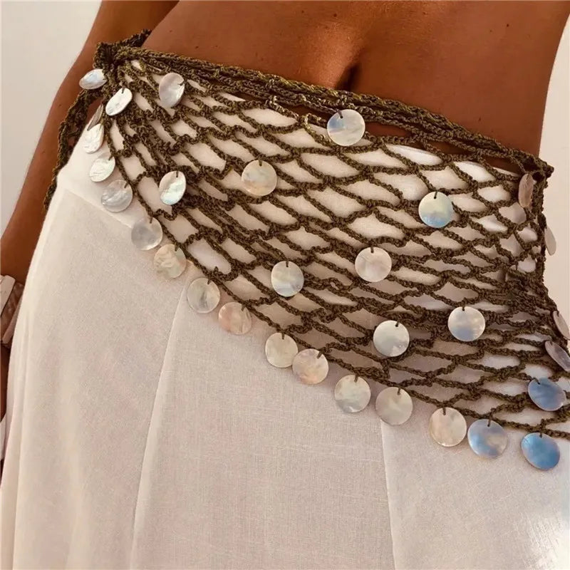 VacationGrabs Women Boho Crochet Sequin Shell Hip Scarf Irregular Mesh Handmade Knit Beach Wrap Skirt Summer Vacation Festival Wear