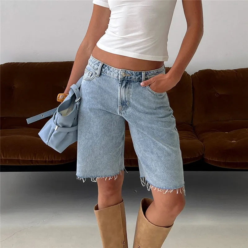 VacationGrabs Women Loose Fit Denim Shorts Elegant Solid Color Zip Fly with Button Closure Bermuda Jean Shorts for Beach Daily Wear