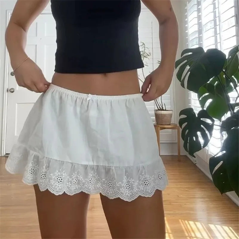 VacationGrabs Women Y2k Lace Trim Mini Skirt Floral Eyelet Embroidery Half Slip Underskirts Cute Low Rise Summer Skater Skirt