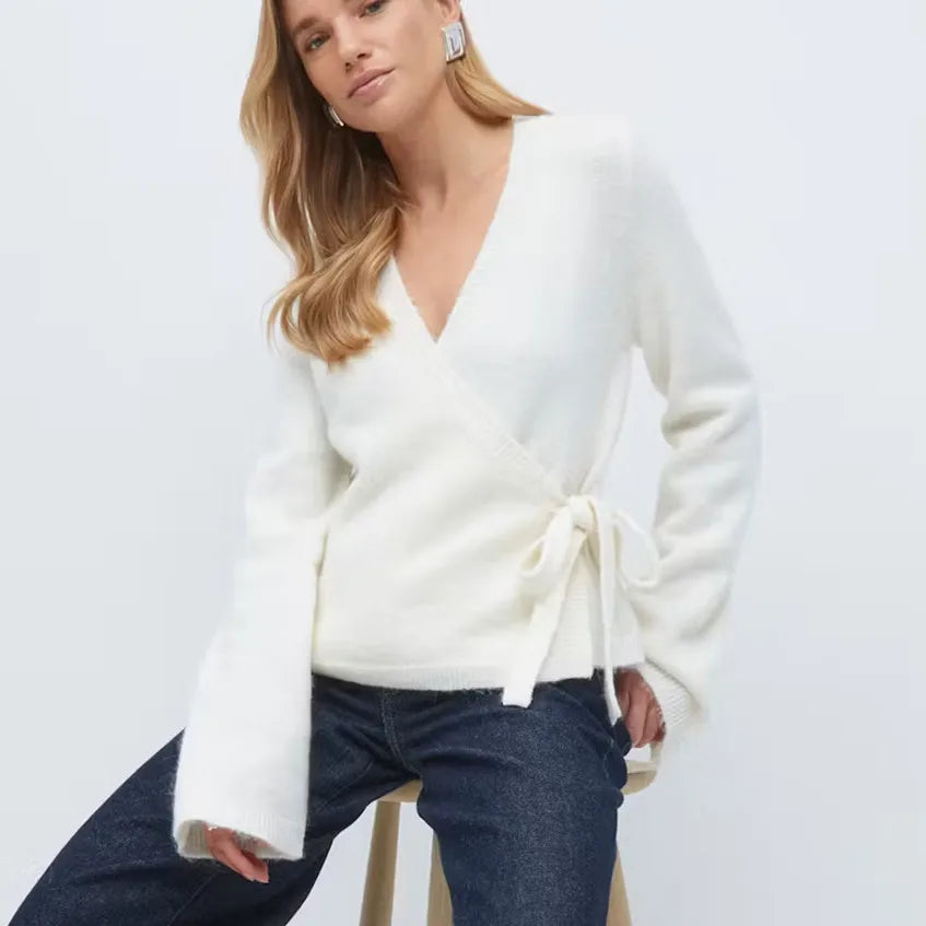 VacationGrabs Wrap Sweater Tops for Women Lightweight Side Tie Front Ballet Wrap Cardigan Elegant V Neck Fitted Cropped Sweaters