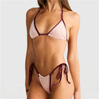 VacationGrabs Women's Summer Bikini Set Fashionable Contrast Color Halter Bra with Side Tie Thong 2Pcs Bathing Suit
