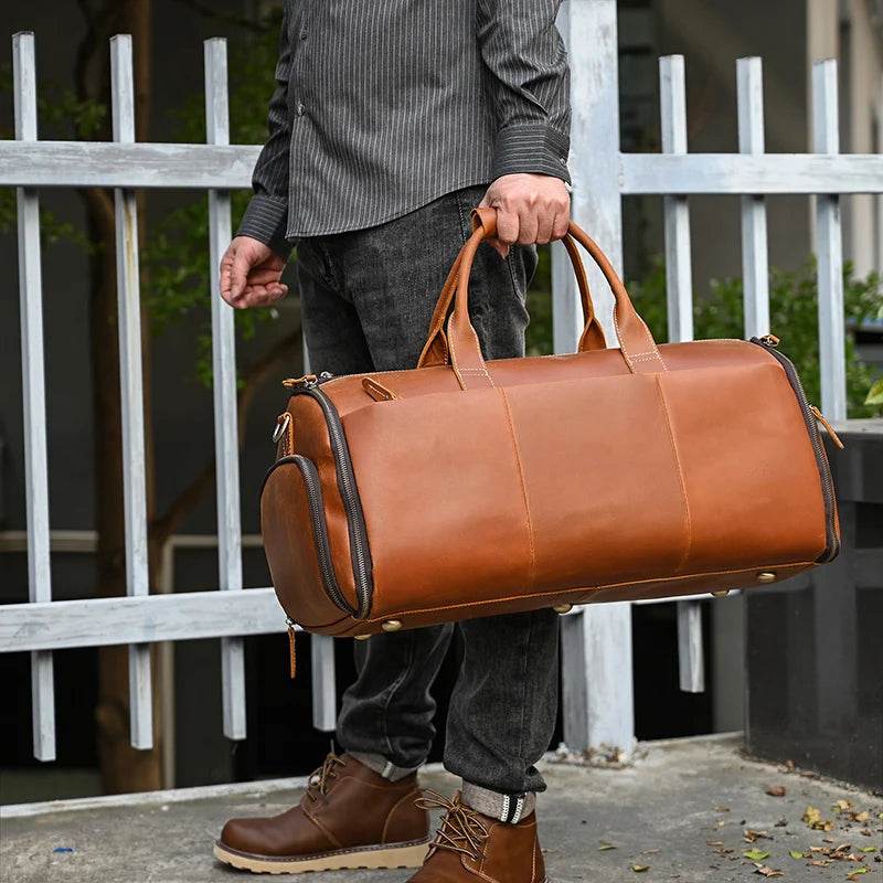 Men's Leather Business Trip Travel Duffle Opens to a Garment Bag - VacationGrabs
