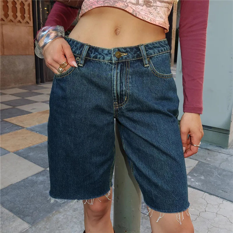 VacationGrabs Women Loose Fit Denim Shorts Elegant Solid Color Zip Fly with Button Closure Bermuda Jean Shorts for Beach Daily Wear
