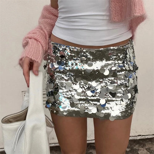 Chic Women 2000s Aesthetic Silver Skinny Low Waist Short Mini Skirt Evening Party Skirts y2k Clubwear Sequins Skirt