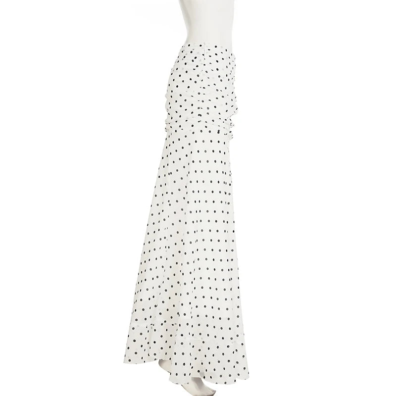 VacationGrabs Polka Dot Floor-length Chiffon Skirt French Style Ruffled Mesh A-line Skirts Elegant Maxi Bottoms High Waist Streetwear