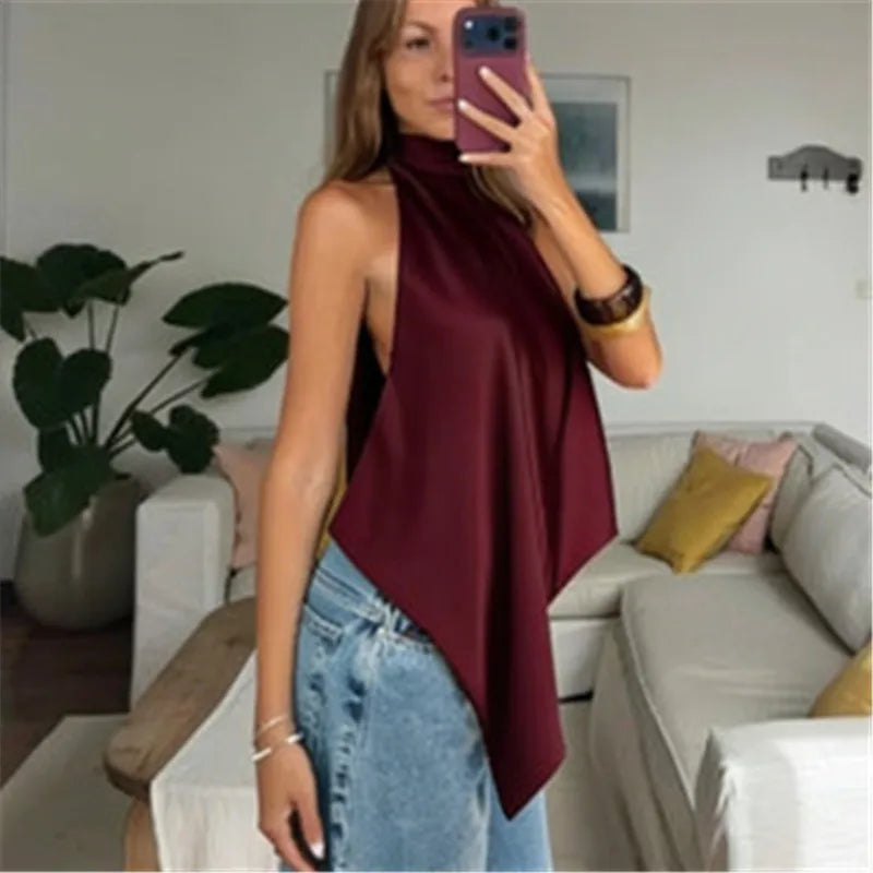 VacationGrabs Women Satin Halter Tops Sexy Backless Asymmetrical Tops Sleeveless Lace Up Back Silk Tank Top Going Out Shirt