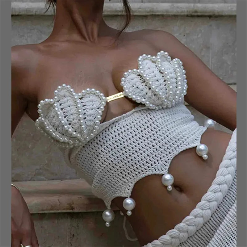 VacationGrabs Sexy Pearls Knit Tube Top Lady Chic Beach Sleeveless Hollow Out Slim Fit Short Tops Summer Women Holiday Beachwear