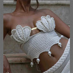 VacationGrabs Sexy Pearls Knit Tube Top Lady Chic Beach Sleeveless Hollow Out Slim Fit Short Tops Summer Women Holiday Beachwear