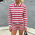 VacationGrabs Womens Striped Knit 2 Piece Outfit Turn Down Collar Button Long Sleeve Top Elastic Waist Shorts Y2K Casual Matching Set