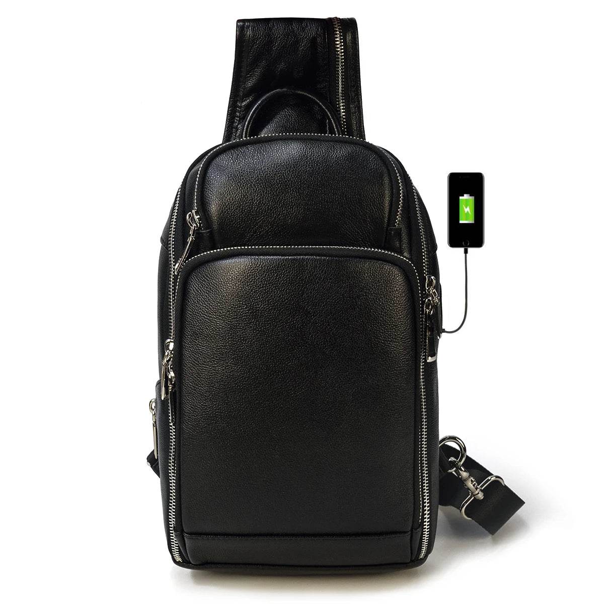 High-Quality Chest Bag USB Men Shoulder Sling Cowhide Leather - VacationGrabs