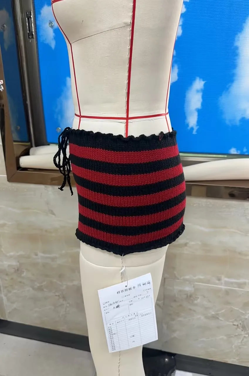 VacationGrabs Drawstring Knit Crochet Shorts Women Summer Low Waist Stripes Print Booty Shorts Grunge Stretchy Shorts HolidayBeachwear