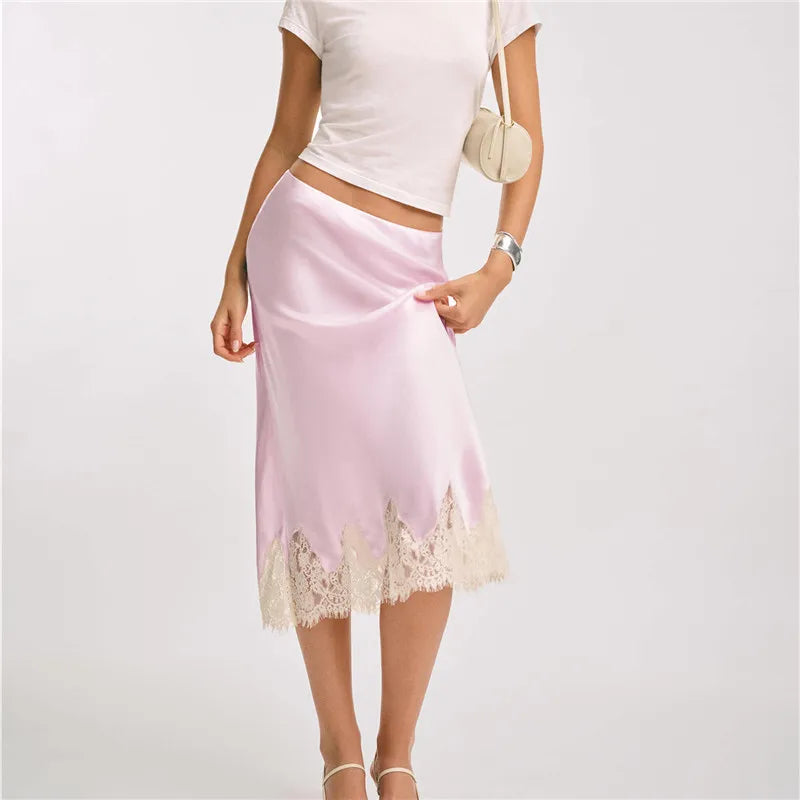 VacationGrabs Women Silk Satin Half Slip Long Skirts Lace Patchwork Elastic Waist Long Skirt Elegant Silky Flowy A Line Midi Skirts